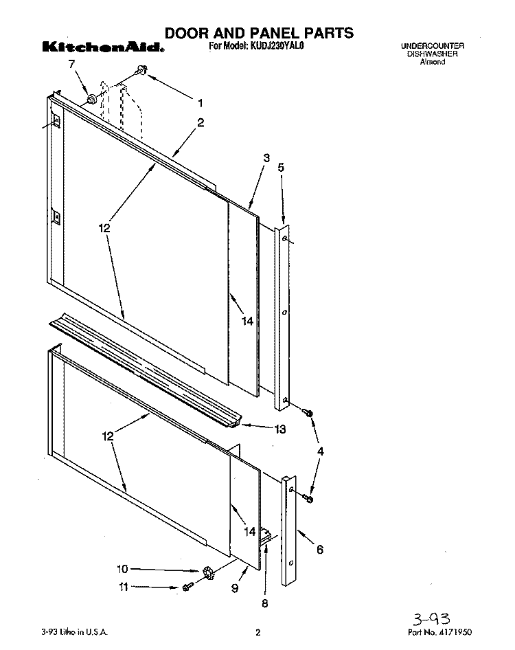 DOOR AND PANEL Diagram and Parts List for KUDJ230YAL0  KitchenAid Dishwasher