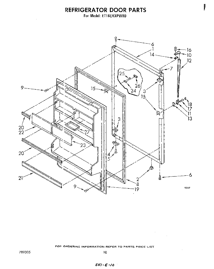 REFRIGERATOR DOOR, PARTS NOT ILLUSTRATED Diagram and Parts List for ET16EKXPWR0  Whirlpool Refrigerator