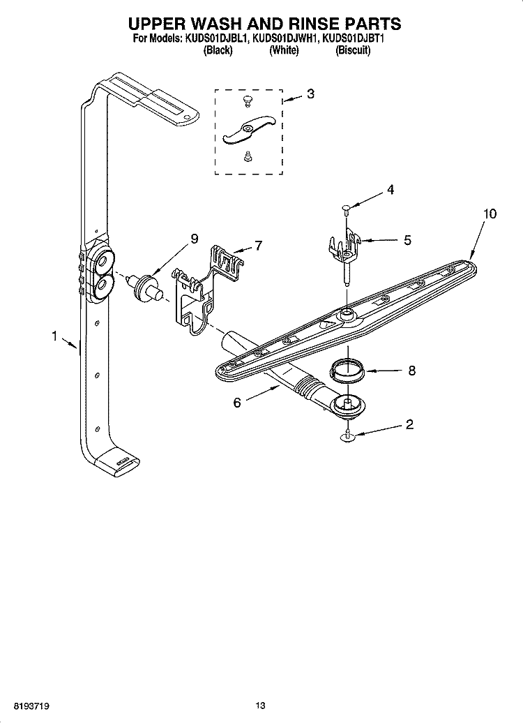 UPPER WASH AND RINSE PARTS Diagram and Parts List for KUDS01DJBT1  KitchenAid Dishwasher