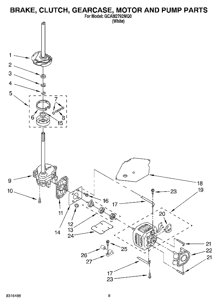 BRAKE, CLUTCH, GEARCASE, MOTOR AND PUMP PARTS Diagram and Parts List for GCAM2792MQ0  Whirlpool Washer