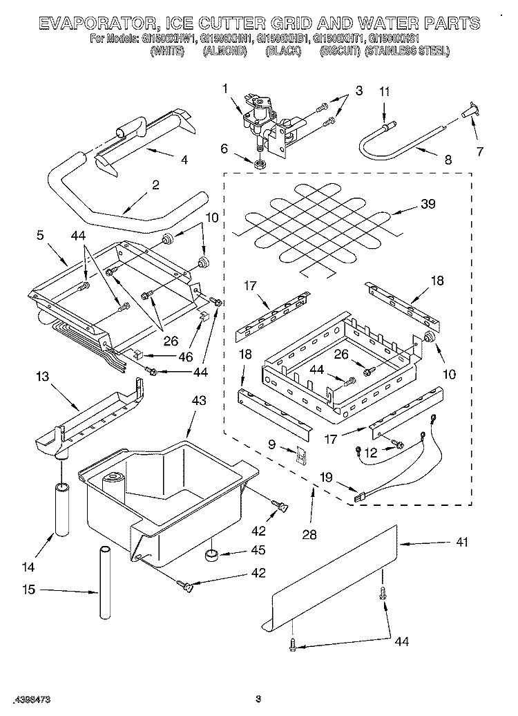 EVAPORATOR, ICE CUTTER GRID AND WATER Diagram and Parts List for GI1500XHB1  Whirlpool Ice Maker