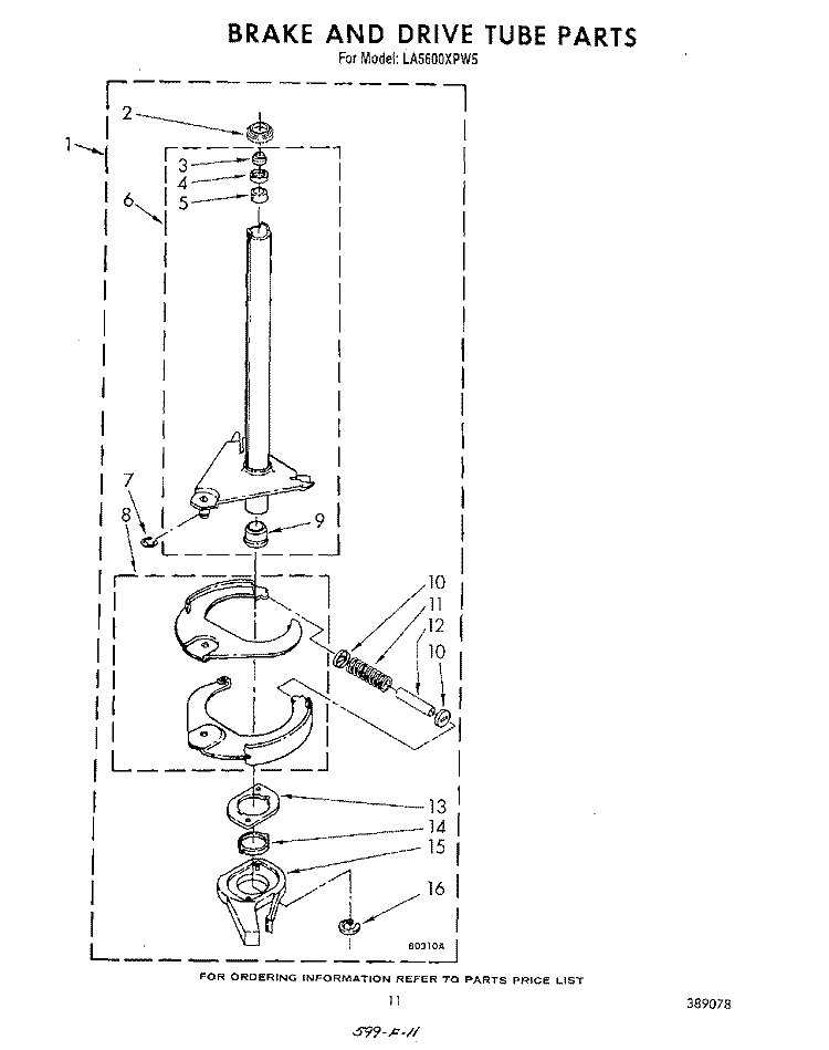 BRAKE AND DRIVE TUBE Diagram and Parts List for LA5600XPW5  Whirlpool Washer