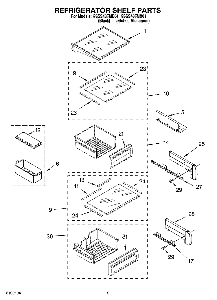 REFRIGERATOR SHELF PARTS Diagram and Parts List for KSSS48FMX01  KitchenAid Refrigerator