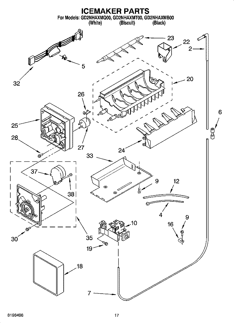 ICEMAKER PARTS Diagram and Parts List for GD2NHAXMQ00  Whirlpool Refrigerator