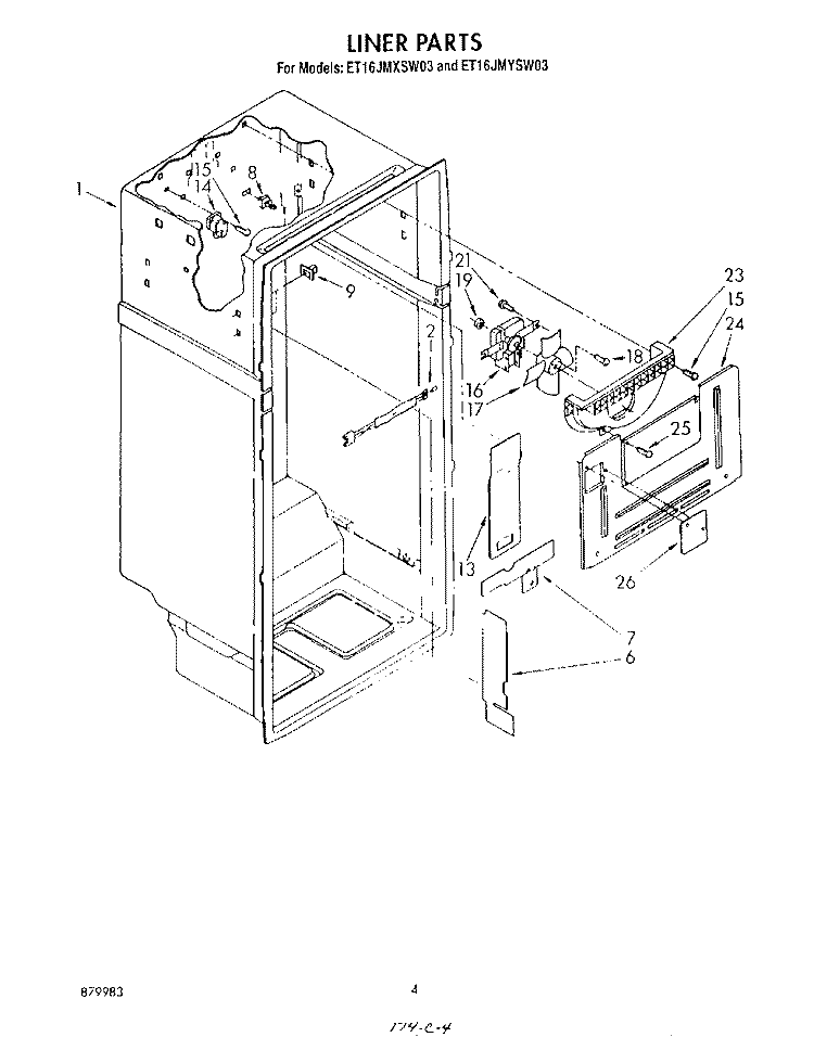 LINER Diagram and Parts List for ET16JMYSM03  Whirlpool Refrigerator