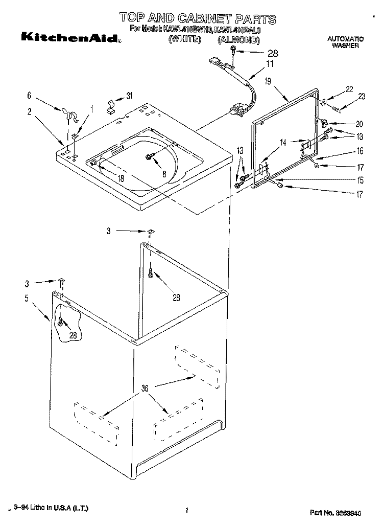 TOP AND CABINET, LIT/OPTIONAL Diagram and Parts List for KAWL410BWH0  KitchenAid Washer