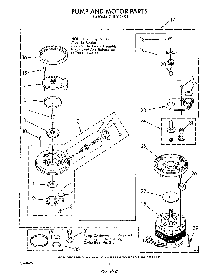 PUMP AND MOTOR Diagram and Parts List for DU9000XR5  Whirlpool Dishwasher