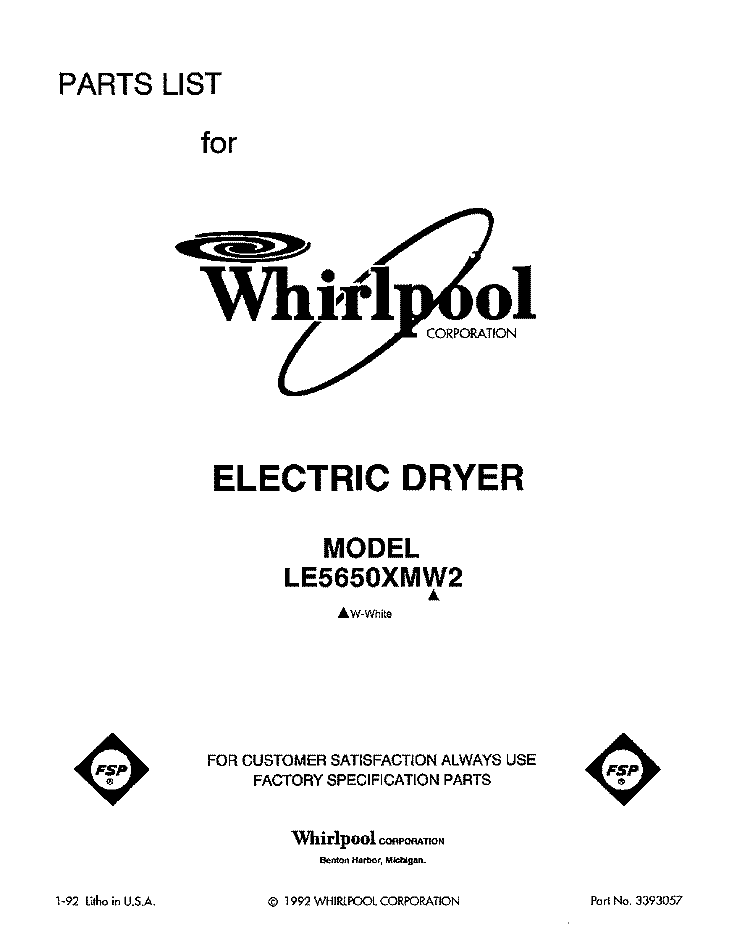 SECTION Diagram and Parts List for LE5650XMW2  Whirlpool Dryer