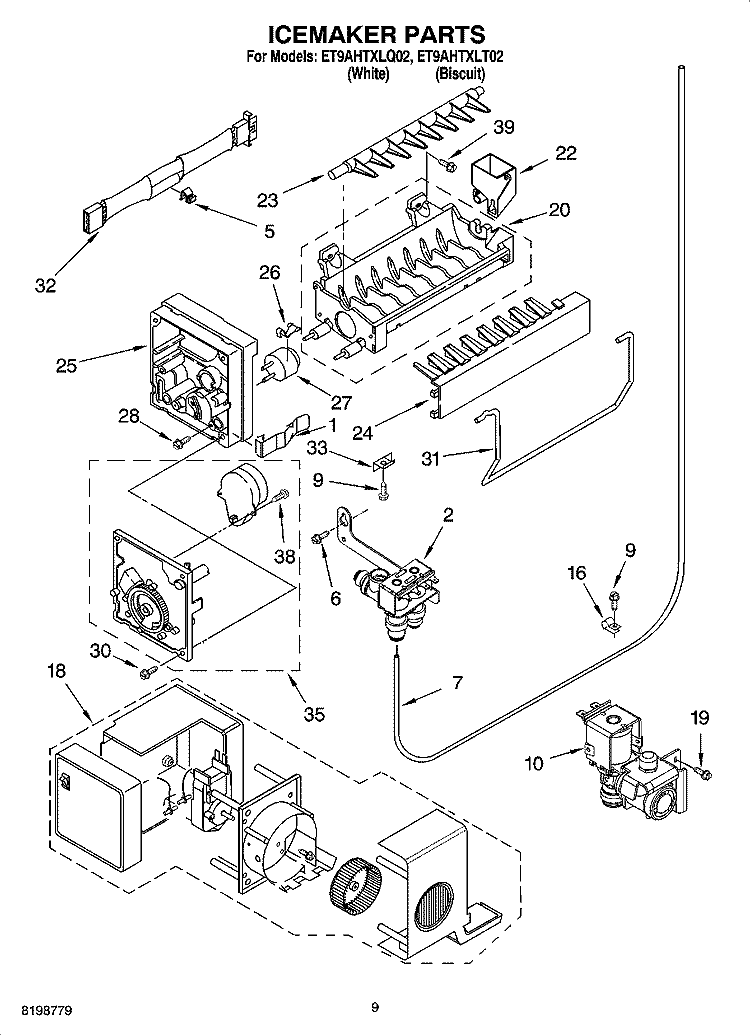 ICEMAKER PARTS Diagram and Parts List for ET9AHTXLT02  Whirlpool Refrigerator