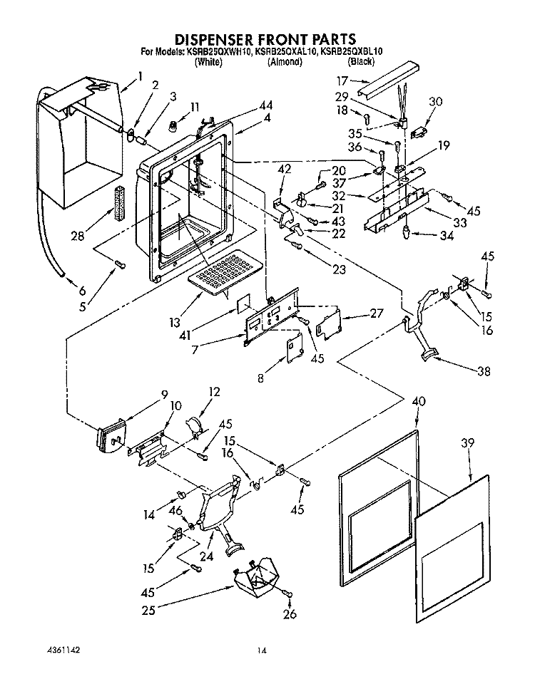 DISPENSER FRONT Diagram and Parts List for KSRB25QXAL10  KitchenAid Refrigerator