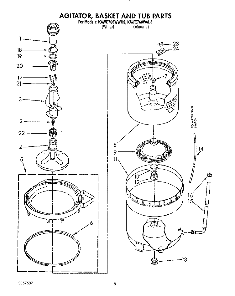 AGITATOR, BASKET AND TUB Diagram and Parts List for KAWE760WWH3  KitchenAid Washer