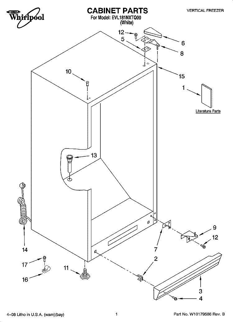 CABINET PARTS Diagram and Parts List for EVL181NXTQ00  Whirlpool Freezer