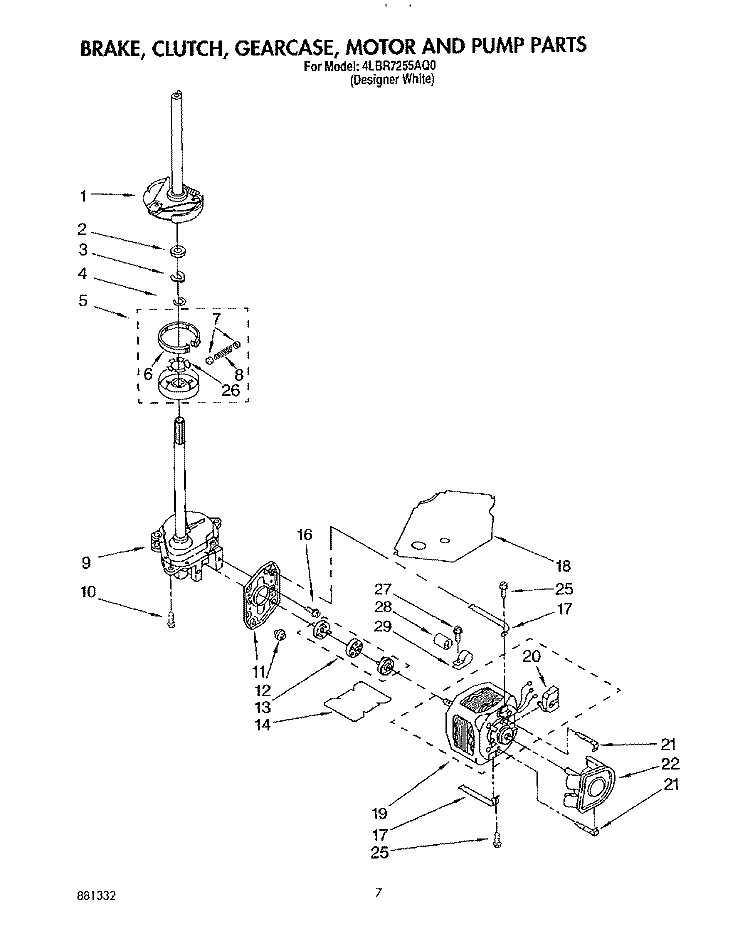 BRAKE, CLUTCH, GEARCASE, MOTOR AND PUMP Diagram and Parts List for 4LBR7255AQ0  Whirlpool Washer