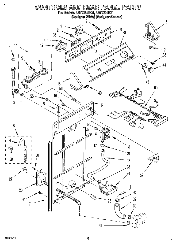 CONTROLS AND REAR PANEL Diagram and Parts List for LST8244BZ1  Whirlpool Washer