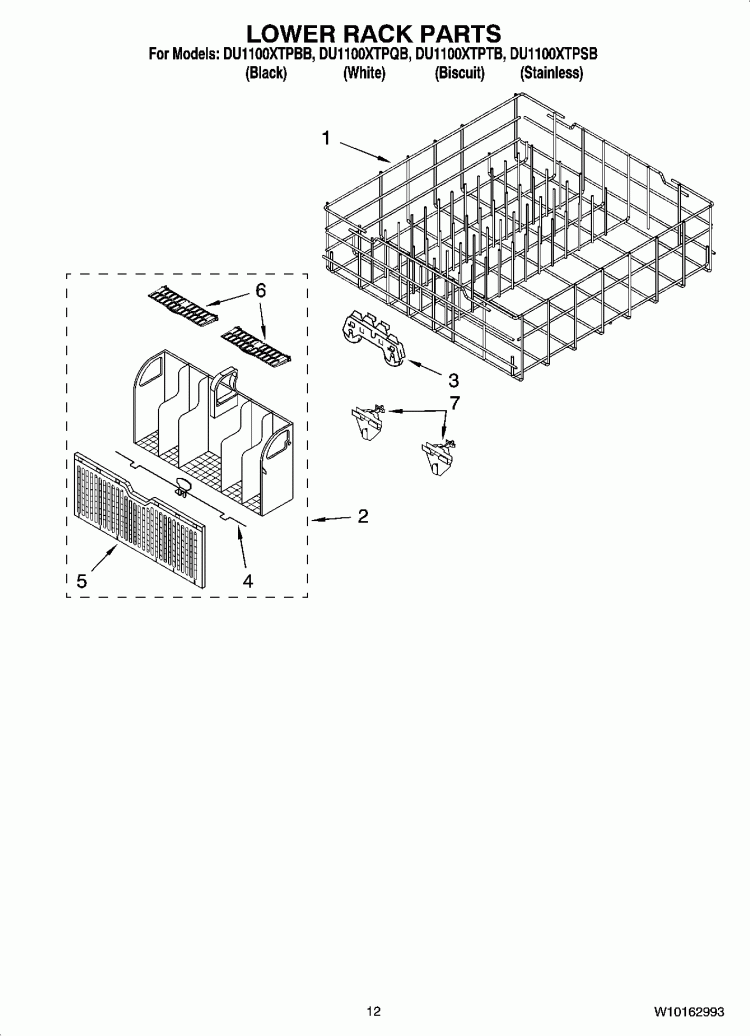 LOWER RACK PARTS Diagram and Parts List for DU1100XTPBB  Whirlpool Dishwasher