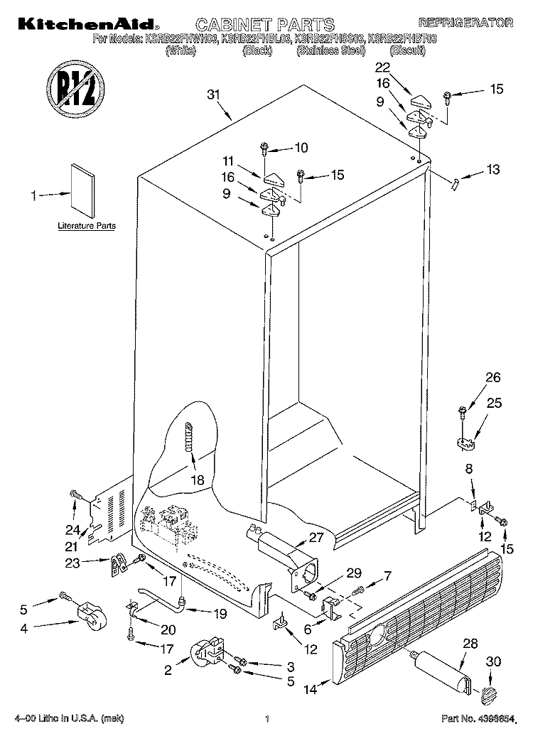 CABINET, LITERATURE Diagram and Parts List for KSRB22FHBL03  KitchenAid Refrigerator