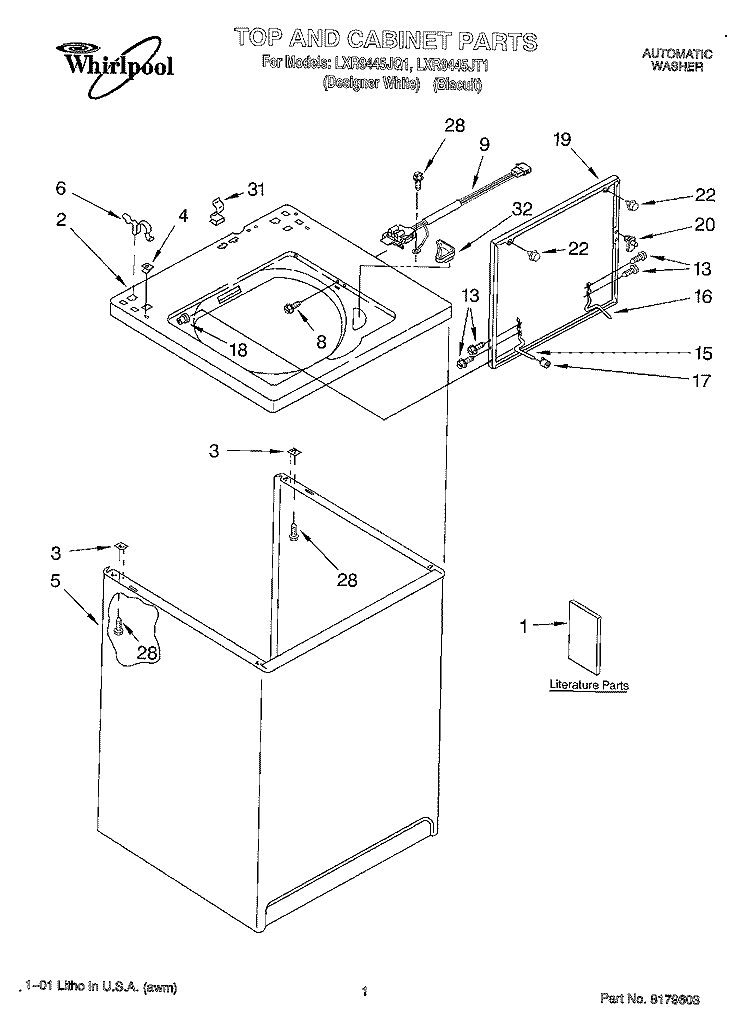TOP AND CABINET, LITERATURE Diagram and Parts List for LXR9445JQ1  Whirlpool Washer