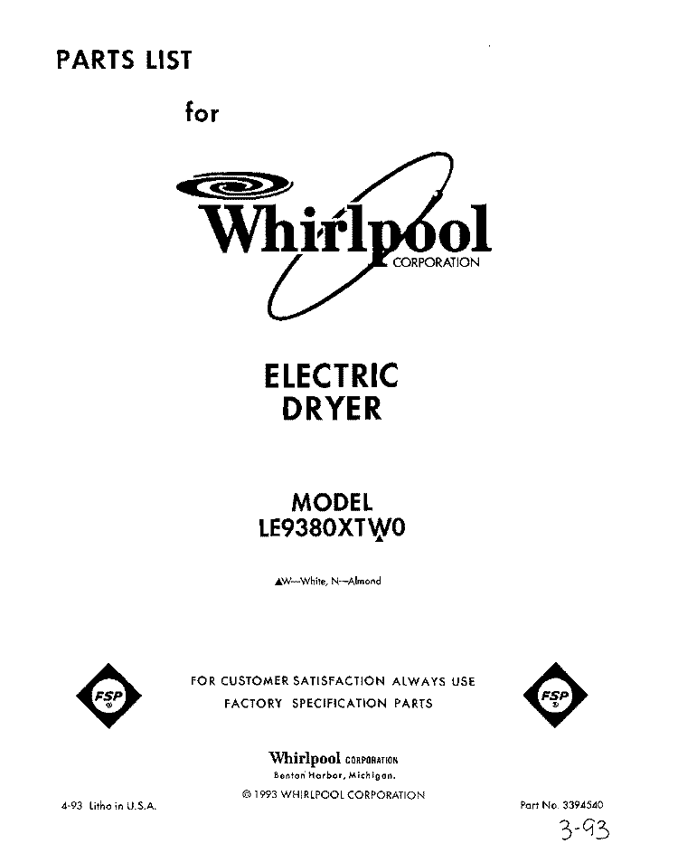 SECTION Diagram and Parts List for LE9380XTW0  Whirlpool Dryer