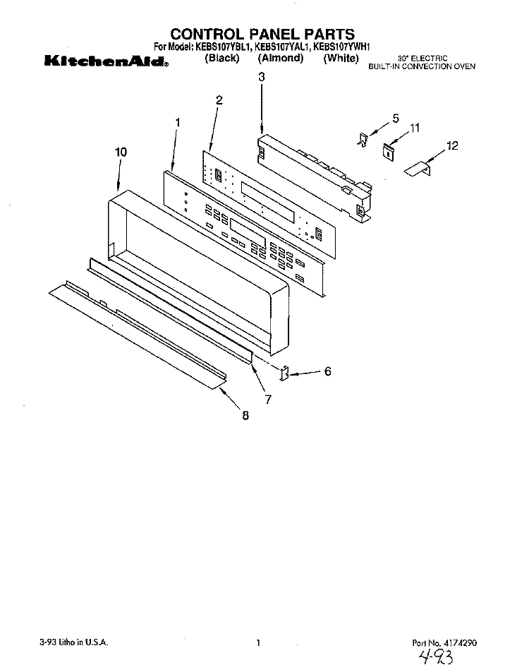 CONTROL PANEL Diagram and Parts List for KEBS107YBL1  KitchenAid Wall Oven