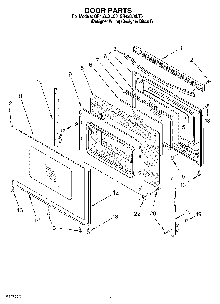 DOOR Diagram and Parts List for GR458LXLT0  Whirlpool Range