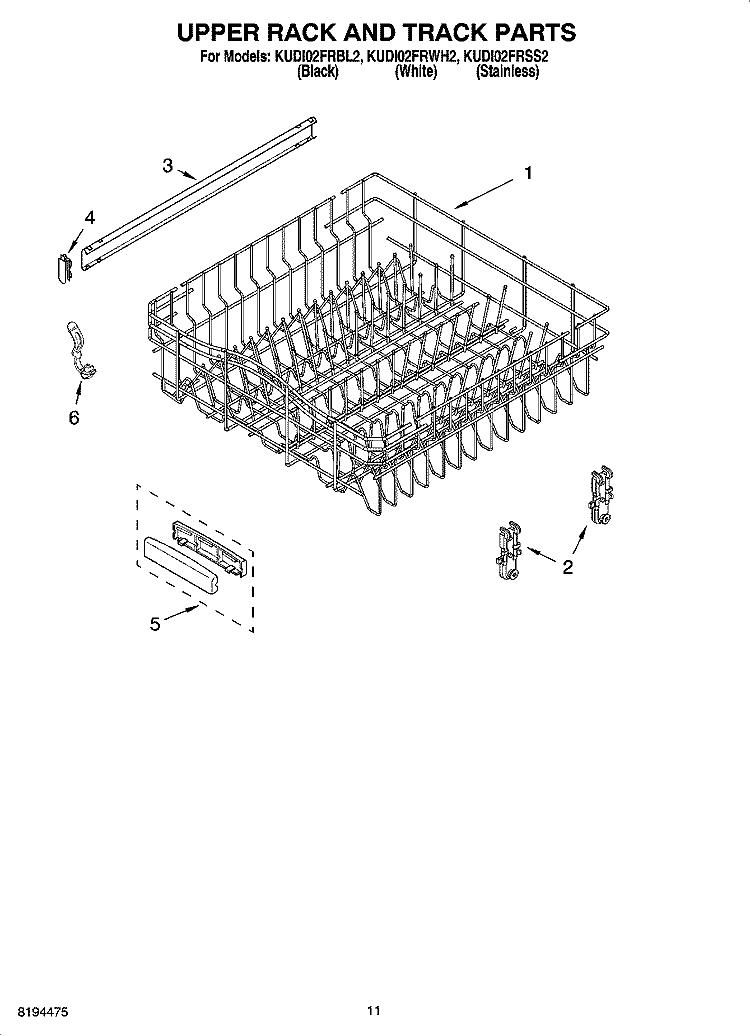 UPPER RACK AND TRACK PARTS Diagram and Parts List for KUDI02FRBL2  KitchenAid Dishwasher