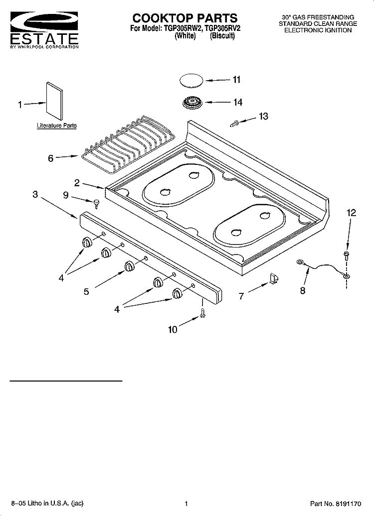 COOKTOP PARTS Diagram and Parts List for TGP305RV2  Estate Range