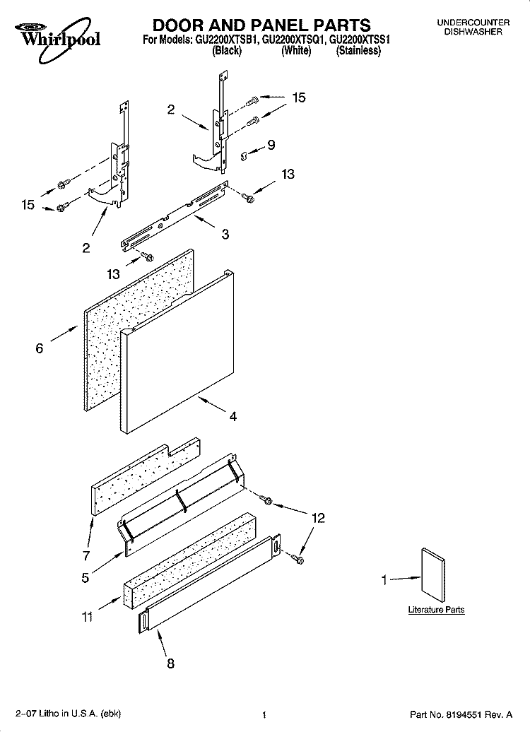 DOOR AND PANEL PARTS Diagram and Parts List for GU2200XTSQ1  Whirlpool Dishwasher