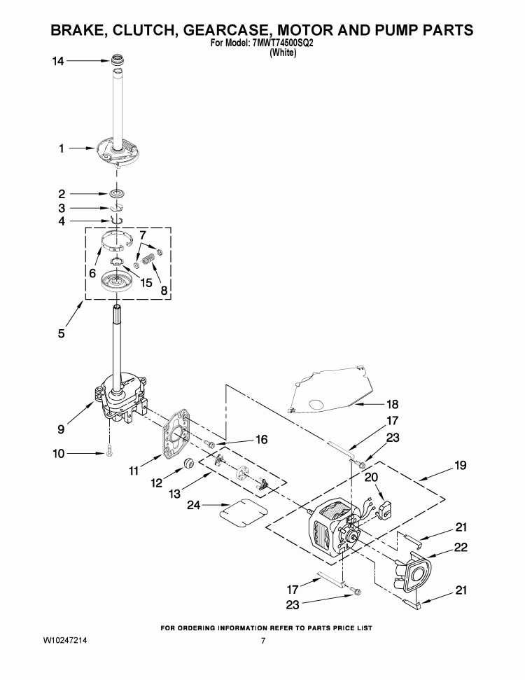 BRAKE, CLUTCH, GEARCASE, MOTOR AND PUMP PARTS Diagram and Parts List for 7MWT74500SQ2  Whirlpool Washer