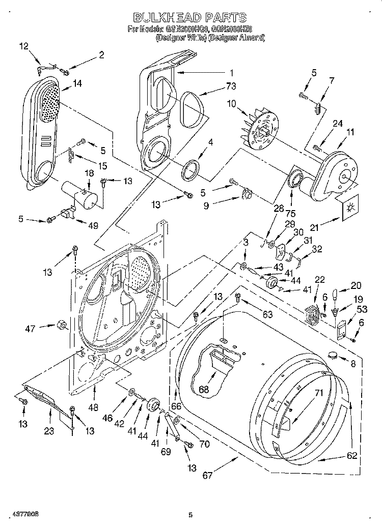 BULKHEAD Diagram and Parts List for GGN2000HQ0  Whirlpool Dryer