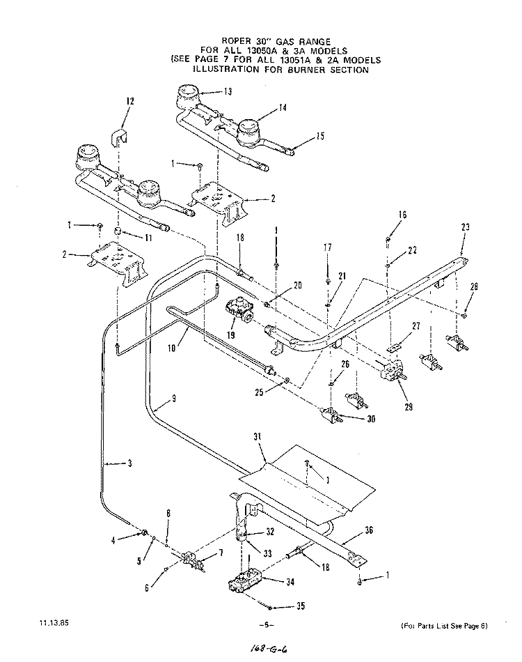 SECTION Diagram and Parts List for 1305W0A  Roper Range