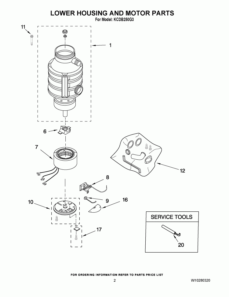 LOWER HOUSING AND MOTOR PARTS Diagram and Parts List for KCDB250G3  KitchenAid Food Waste Disposer