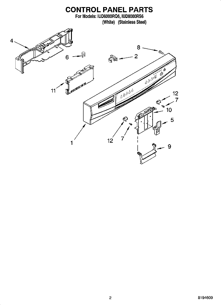 CONTROL PANEL PARTS Diagram and Parts List for IUD8000RQ6  Whirlpool Dishwasher