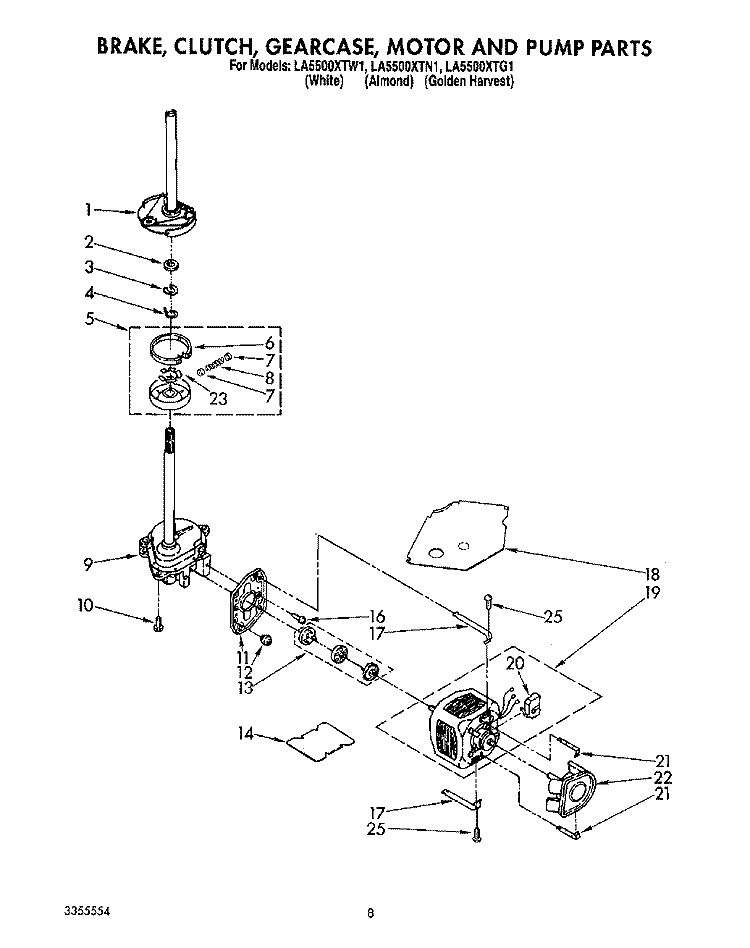 BRAKE, CLUTCH, GEARCASE, MOTOR AND PUMP Diagram and Parts List for LA5500XTG1  Whirlpool Washer
