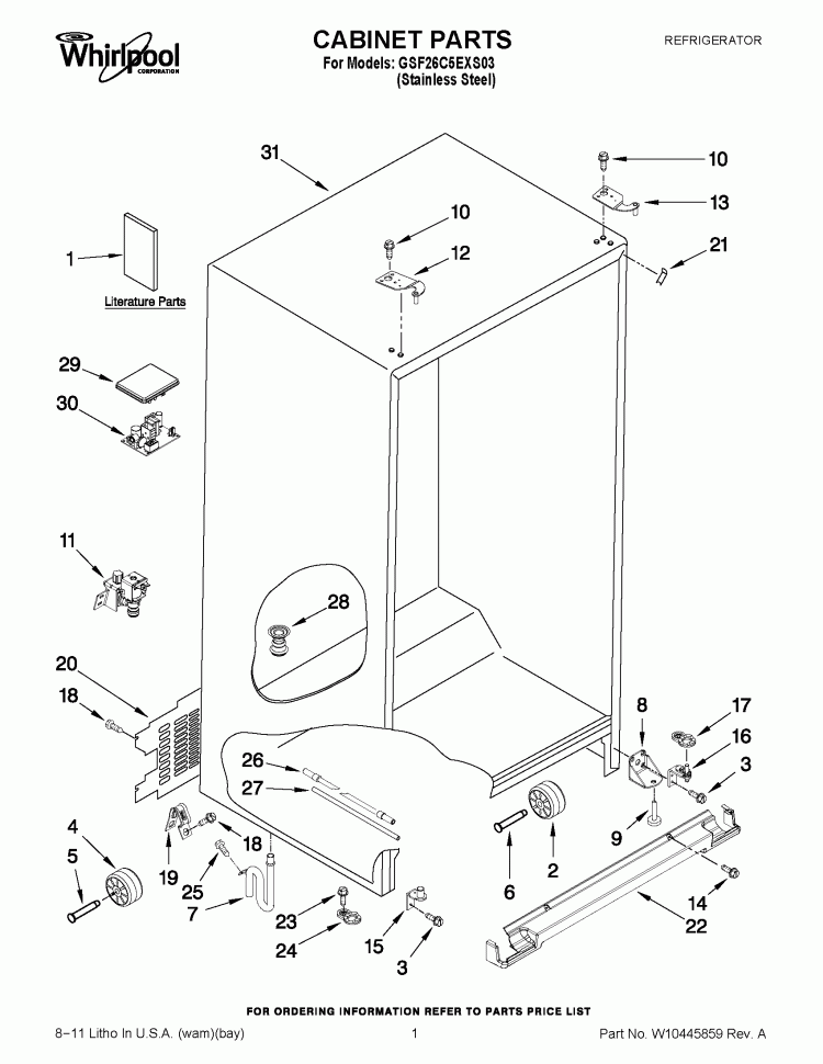 CABINET PARTS Diagram and Parts List for GSF26C5EXS03  Whirlpool Refrigerator