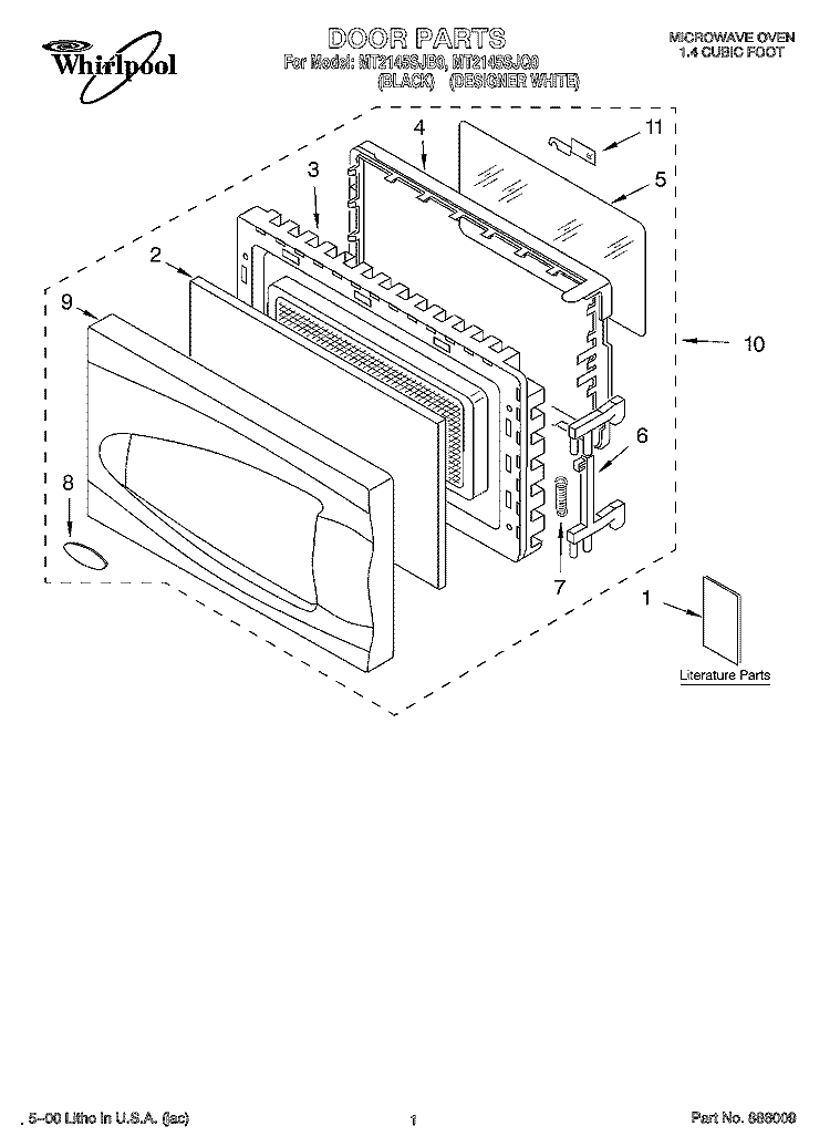 DOOR, LITERATURE Diagram and Parts List for MT2145SJQ0  Whirlpool Microwave