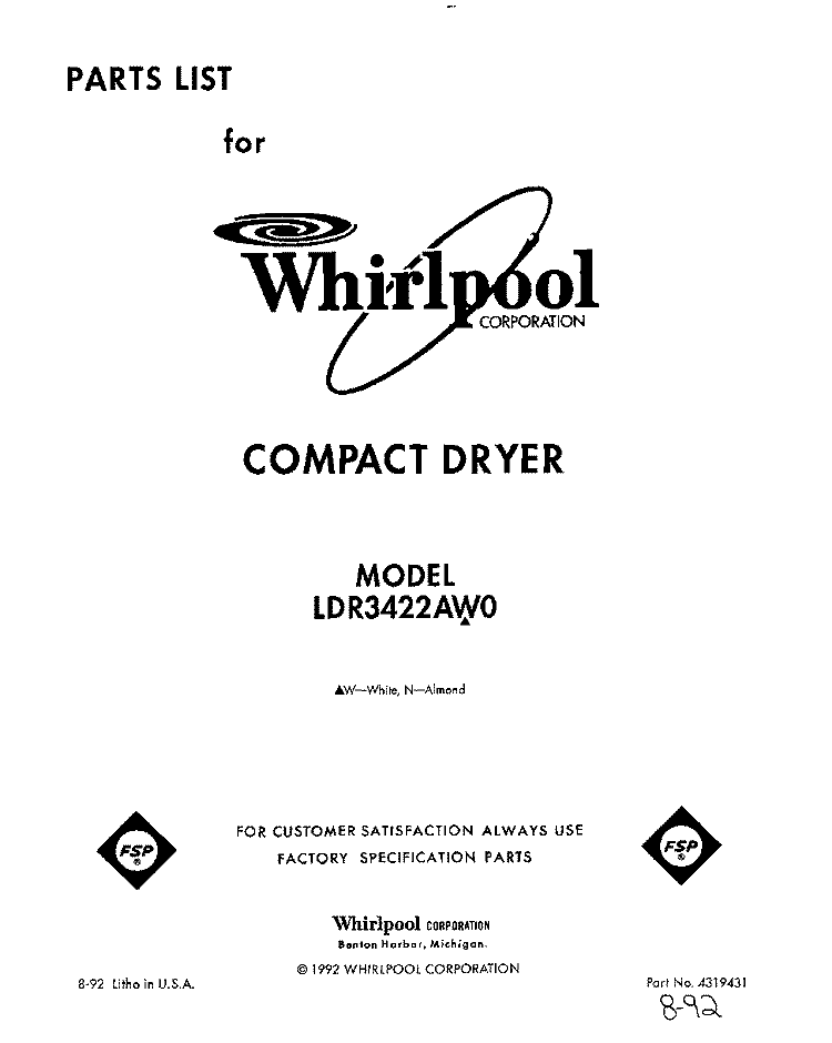 SECTION Diagram and Parts List for LDR3422AN0  Whirlpool Dryer