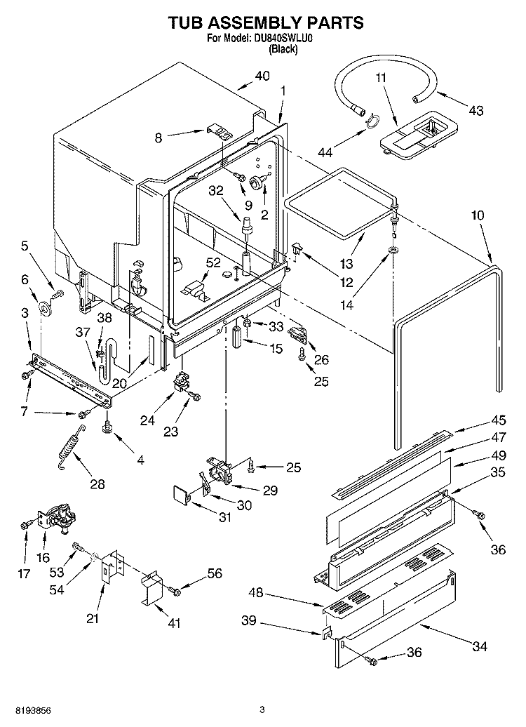 TUB ASSEMBLY PARTS Diagram and Parts List for DU840SWLU0  Whirlpool Dishwasher