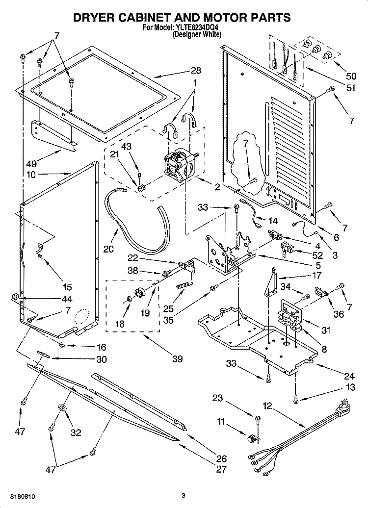 DRYER CABINET AND MOTOR PARTS Diagram and Parts List for YLTE6234DQ4  Whirlpool Washer Dryer Combo