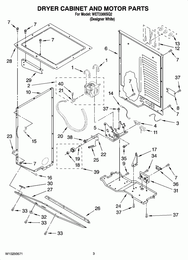 DRYER CABINET AND MOTOR PARTS Diagram and Parts List for WET3300SQ2  Whirlpool Washer Dryer Combo