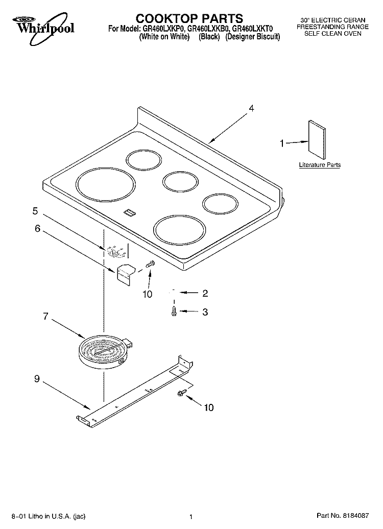 COOKTOP, LITERATURE Diagram and Parts List for GR460LXKP0  Whirlpool Range