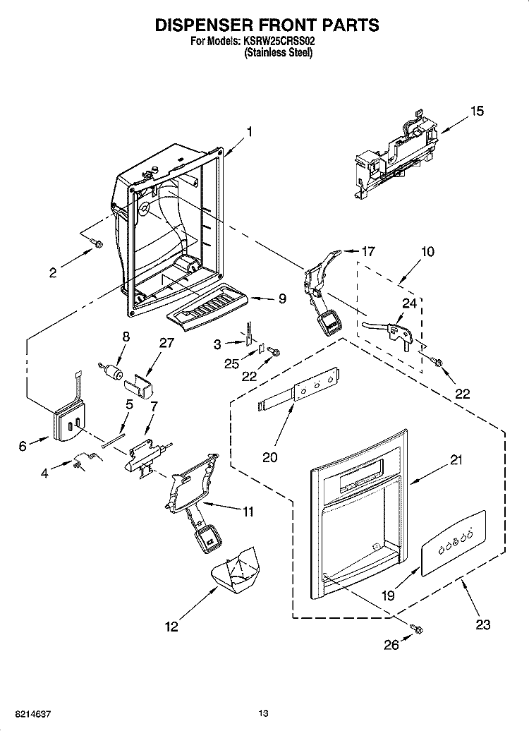 DISPENSER FRONT PARTS Diagram and Parts List for KSRW25CRSS02  KitchenAid Refrigerator