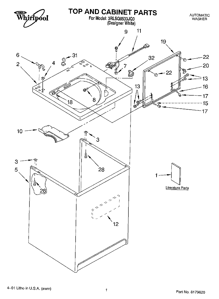 TOP AND CABINET, LITERATURE Diagram and Parts List for 3RLSQ8533JQ0  Whirlpool Washer
