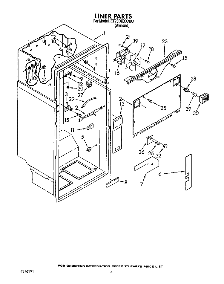 LINER Diagram and Parts List for ET25DKXXW00  Whirlpool Refrigerator