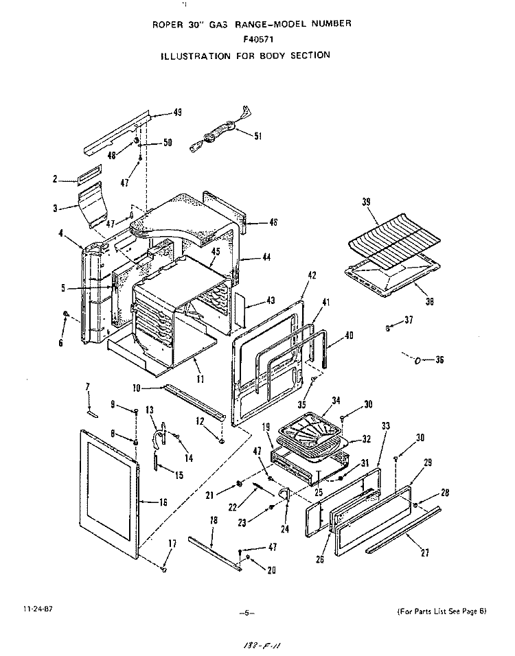 BODY Diagram and Parts List for F4057W1  Roper Range