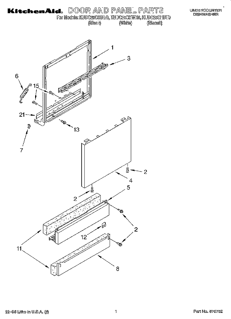 DOOR AND PANEL Diagram and Parts List for KUDC25CHBL0  KitchenAid Dishwasher