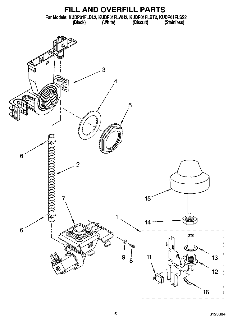 FILL AND OVERFILL PARTS Diagram and Parts List for KUDP01FLBL2  KitchenAid Dishwasher