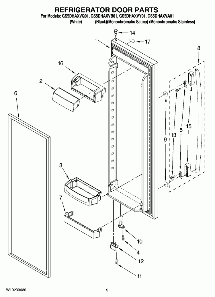 REFRIGERATOR DOOR PARTS Diagram and Parts List for GS5DHAXVB01  Whirlpool Refrigerator