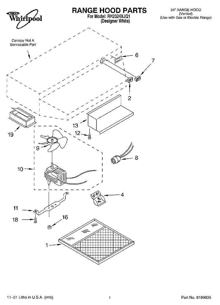 SECTION Diagram and Parts List for RH2324XJQ1  Whirlpool Range Hood