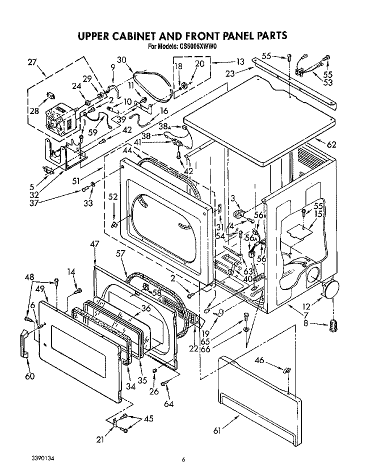 UPPER CABINET AND FRONT PANEL Diagram and Parts List for CS5005XWW0  Whirlpool Dryer