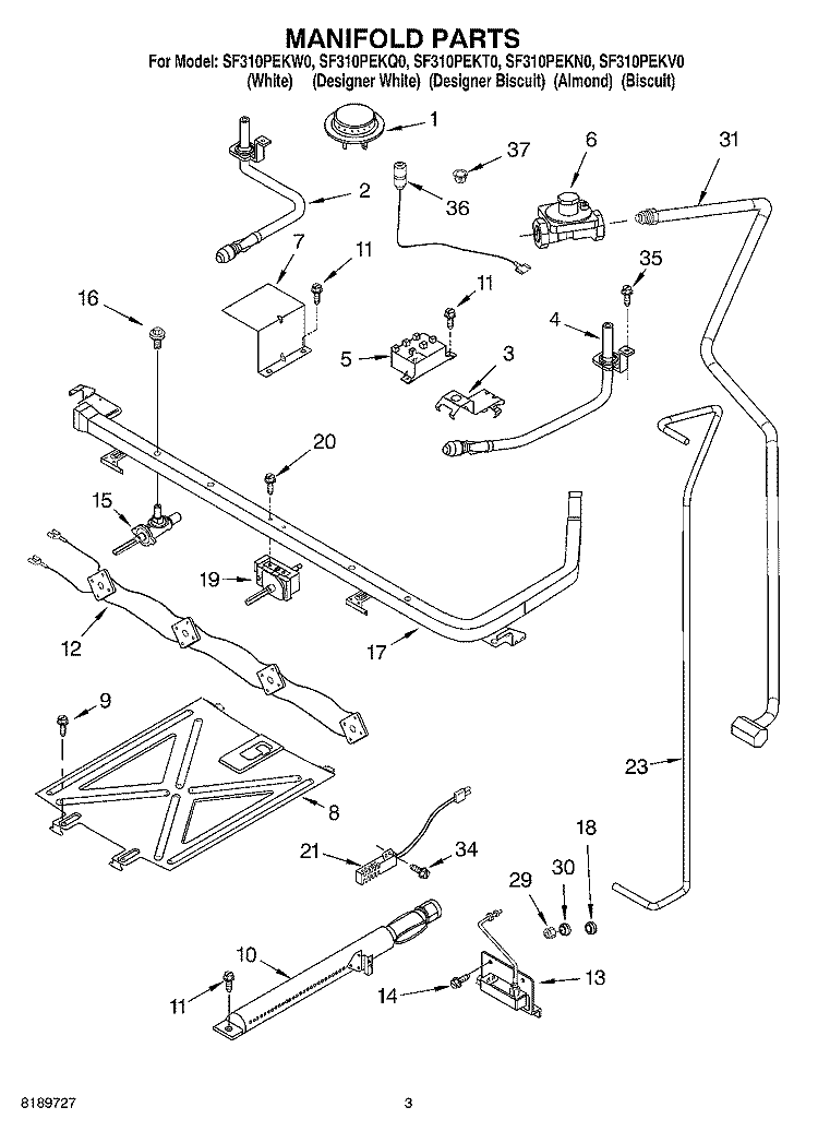 MANIFOLD Diagram and Parts List for SF310PEKV0  Whirlpool Range
